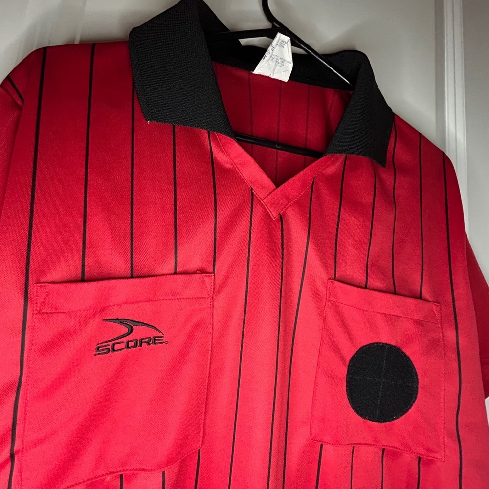 Score American Soccer Referee‎ Jersey Red Black Pinstripe Size Men's Small